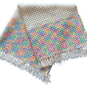 Vintage Granny Square Handknit Crochet Cream/Rainbow Blanket Throw (~ 37.5"×40")